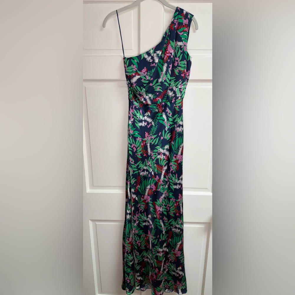 SALONI One-Shoulder Dress with Floral Design - Green and Pink